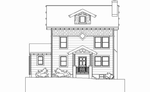 The existing roof structure was removed, and an additional story and a half were inserted under a new gable roof. The increased square footage added two new bedrooms and a spacious modern bath on the second floor. The uppermost story, under sloped ceilings, provides quiet home office space for busy work-at-home professionals. Elevation drawing of proposed design