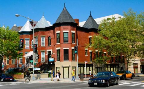 The newly renovated building, ready for tenants – no longer an eyesore on the corner of this prominent intersection. Historic renovation completed - exterior photo