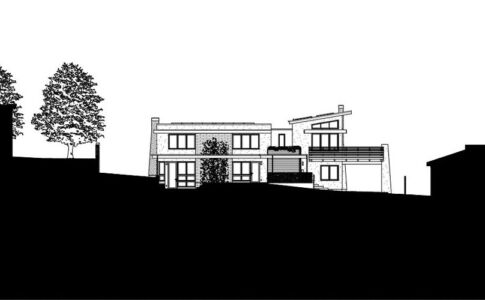 The house nestles itself into its gently sloping site. A generous second floor deck off the family room allows views over neighboring down-slope rooftops, across the city and to Cuesta Ridge beyond. ZNE Passive Solar house elevation drawing