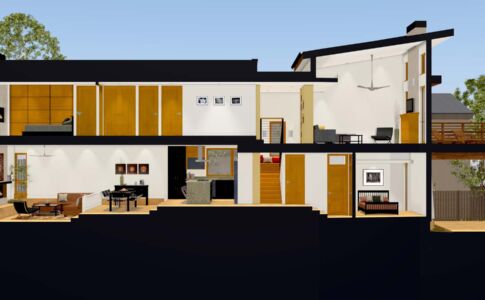 Square footage was intentionally restrained, both to conserve natural resources as well as to conserve the project budget for "quality over quantity." Although the house is smaller than the typical new house, individual spaces are enlivened and differentiated with varying floor and ceiling heights. Open and flowing spaces, long vistas, custom built-ins, and the variety of distinct volumes enrich the experience of the house, making it feel greater than its actual size. ZNE Passive Solar house Section