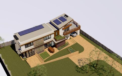 First and foremost, Zero Net Energy begins with designing for high efficiency to keep energy demand to a minimum. This house achieves the goal thanks to its passive solar design, insulation beyond code requirements, quality windows, and highly efficient equipment. The resulting low electrical demand can easily be met with a modest rooftop solar PV system. This 5.6 kW system is sized to power the house, an ADU, and an electric vehicle. ZNE Passive Solar house rooftop view