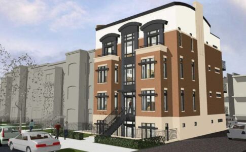 Although zoning allowed for this building to be a story taller than existing homes on the block, it was important that the new building be a good neighbor. My design adopted the rhythm and height of nearby bays, and incorporated a strong horizontal change in materials to match the adjacent home's roof line. Materials and detailing are sympathetic to the historic setting, but clearly reveal the building to be of modern vintage. Urban multi-family building 3D image