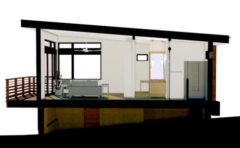 This cut-away view of the interior shows the 12' vaulted ceiling in the main living area. The sloped ceiling continues uninterrupted into the bedroom/bathroom wing to promote a sense of continuity. Image of ADU interior