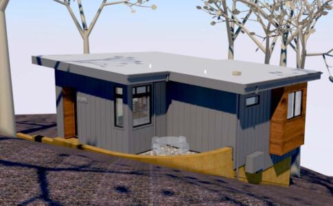 A corner kitchen window offers a convenient pass-through to the patio just outside. Rendering of an ADU (Accessory Dwelling Unit)