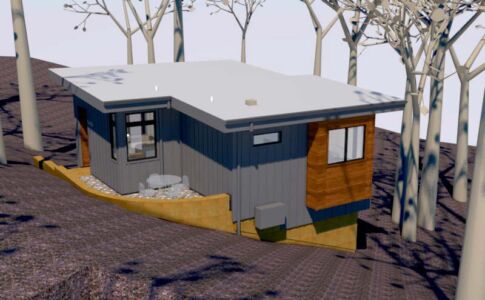 The ADU consists of two offset masses: the large, open great room (with living, dining, and kitchen) and the bedroom/bathroom wing. Both feature a small bay projection clad in cedar, which gives added functionality to the room but with minimal additional square footage. Rendering of an ADU (Accessory Dwelling Unit)