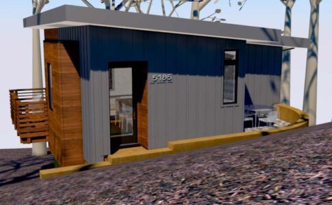 The exterior palette features board-and-batten Hardieboard siding, cedar, and stained concrete -- for low-maintenance convenience and fire-resistant peace of mind. Rendering of an ADU (Accessory Dwelling Unit)