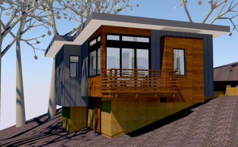 A modern one-bedroom ADU is sited to take in the views on a wooded Atascadero hillside. Rendering of an ADU (Accessory Dwelling Unit)
