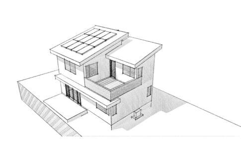 Early massing study of a proposed passive solar ADU with south-facing roof deck and solar panels. Rendering of a new ADU