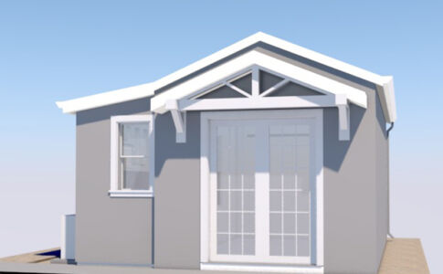 An early design model illustrates the concept for converting the existing one-car garage into a studio ADU, with a small side addition to house the kitchen. Image of proposed ADU